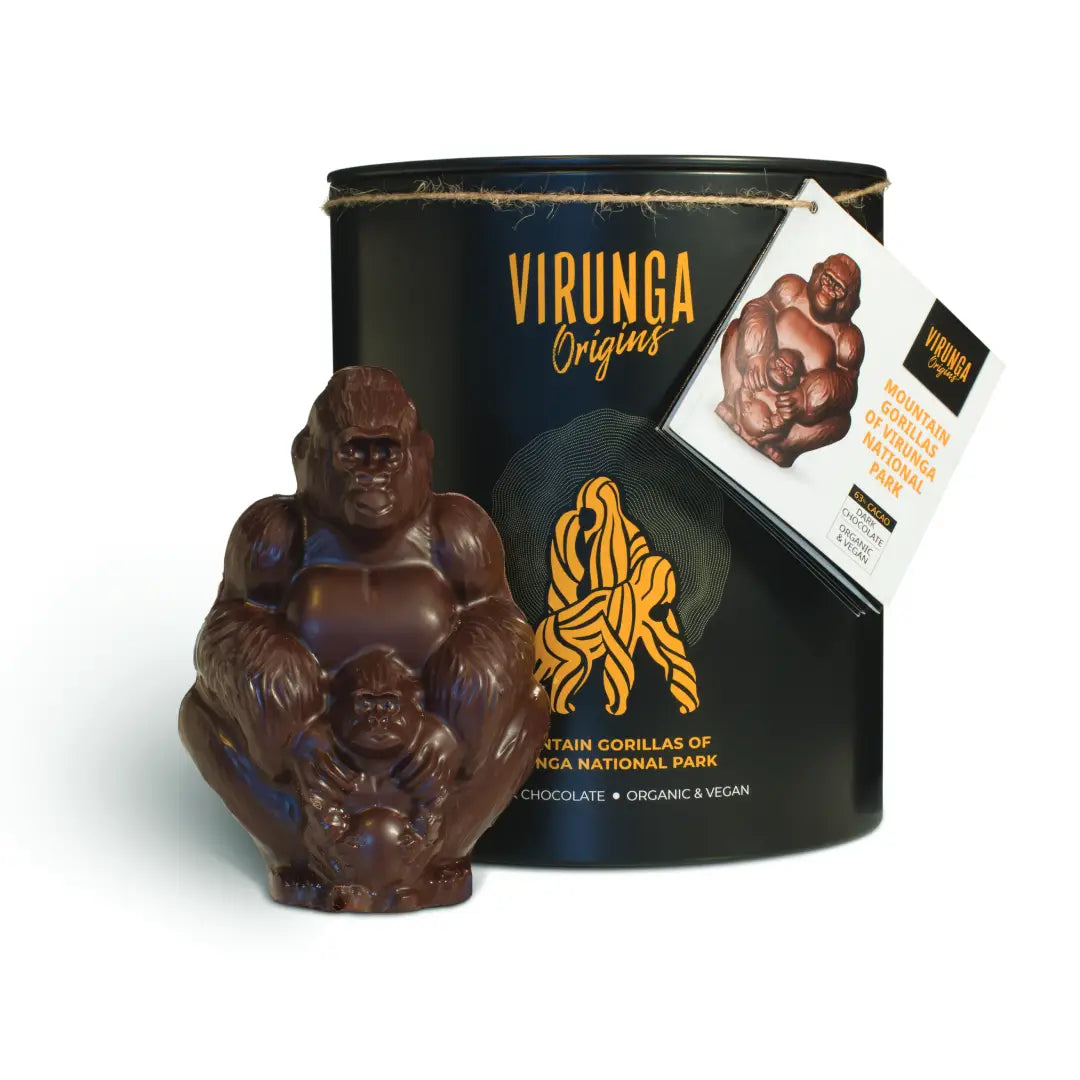 Chocolate gorilla figure with Virunga Origins packaging on a white background