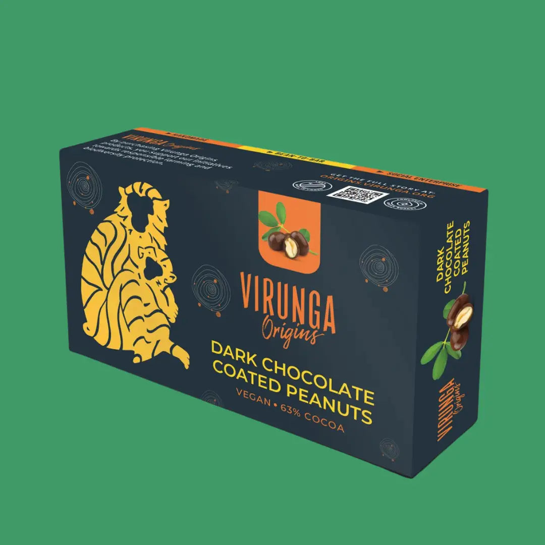 Box of Virunga Origins dark chocolate coated peanuts