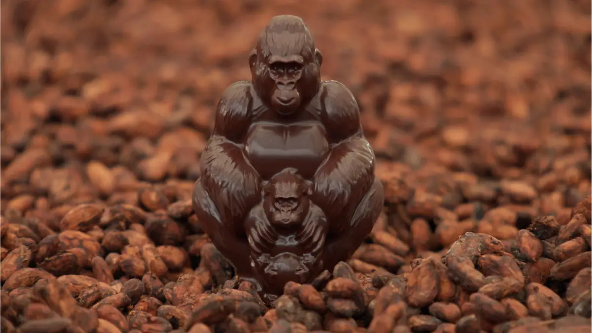 A handcrafted, limited-edition chocolate gorilla statue sitting on a pile of cocoa beans.