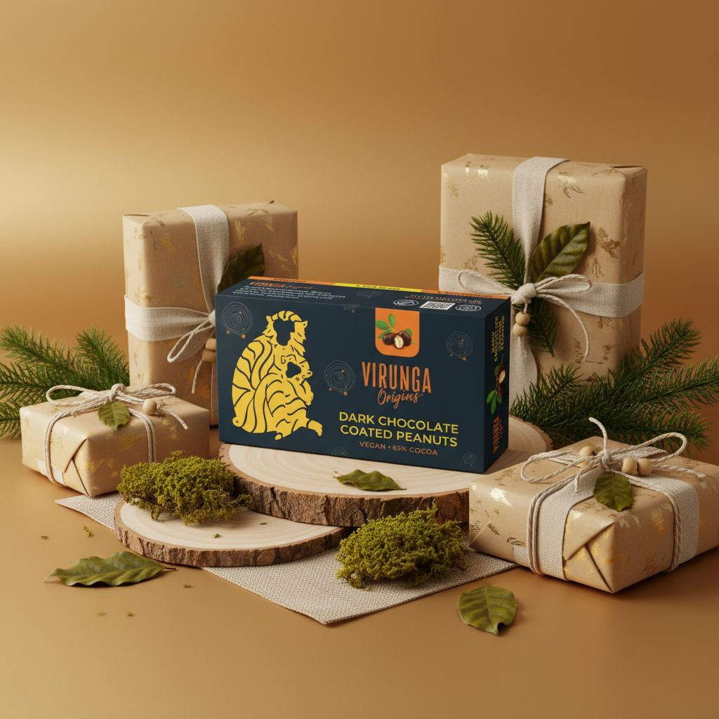 Alternative Christmas scene with Virunga chocolate coated peanuts on gold background
