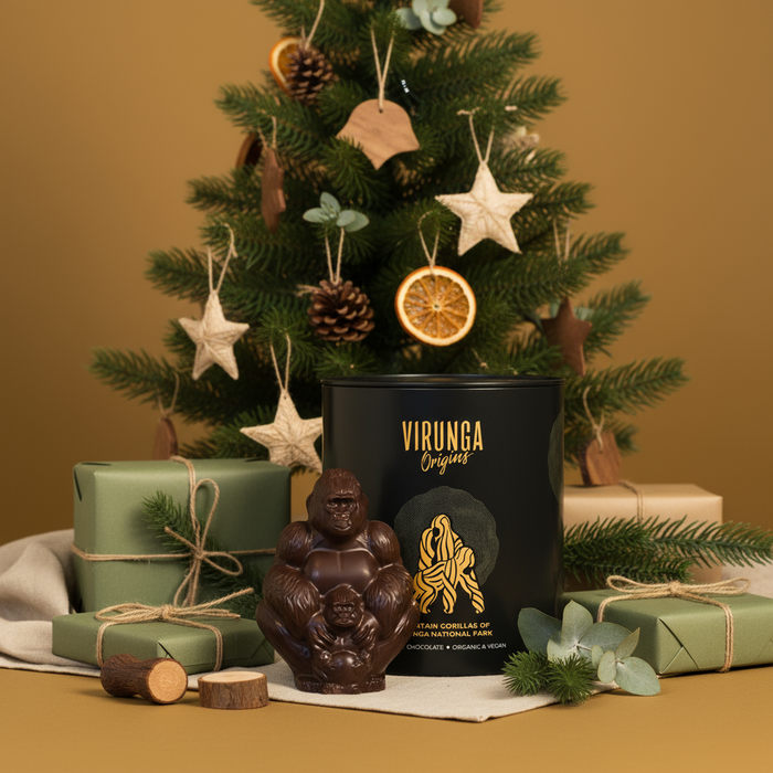 Nature-inspired Christmas scene with prominent Virunga chocolate gorilla product