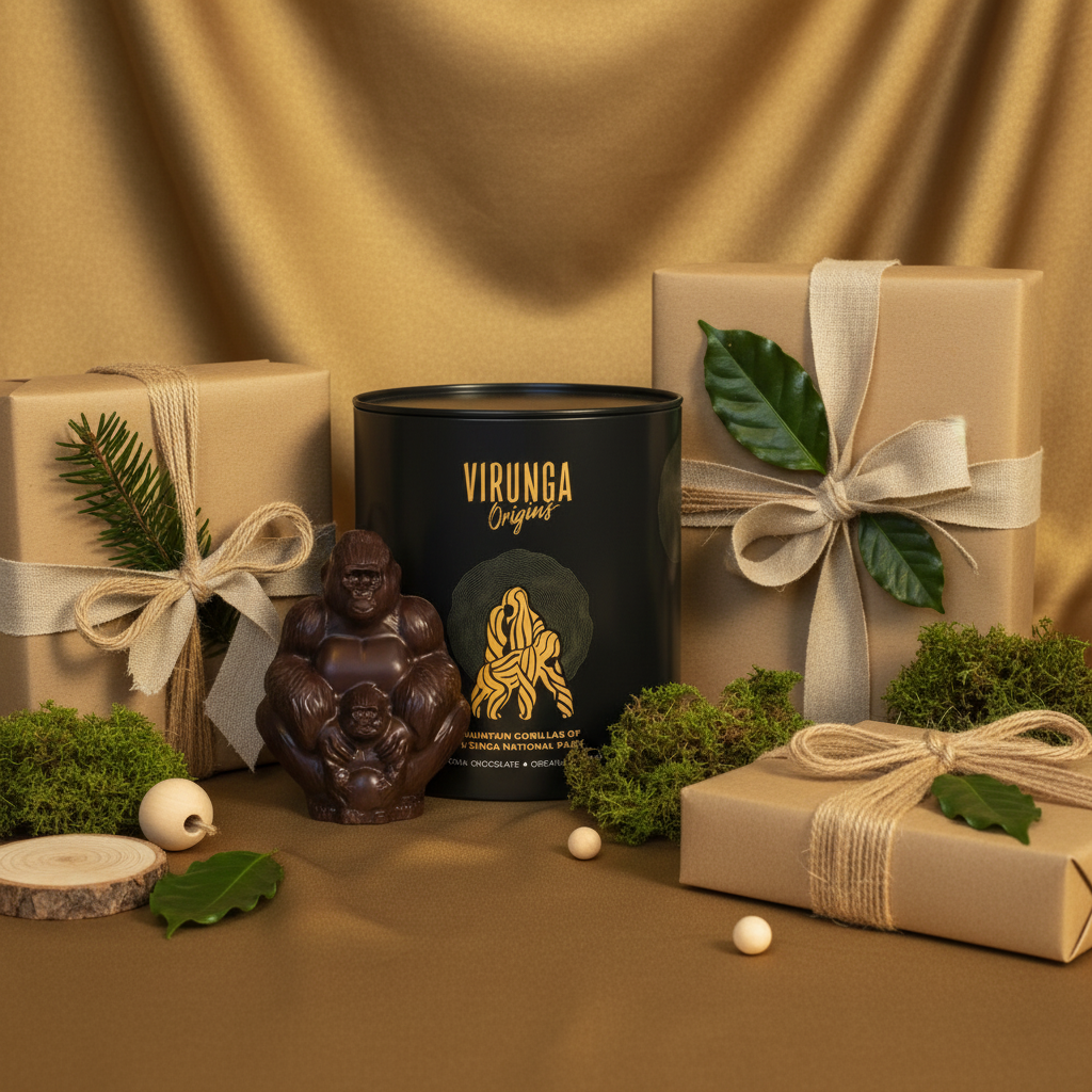 Refined gold-toned Christmas scene with Virunga chocolate gorilla