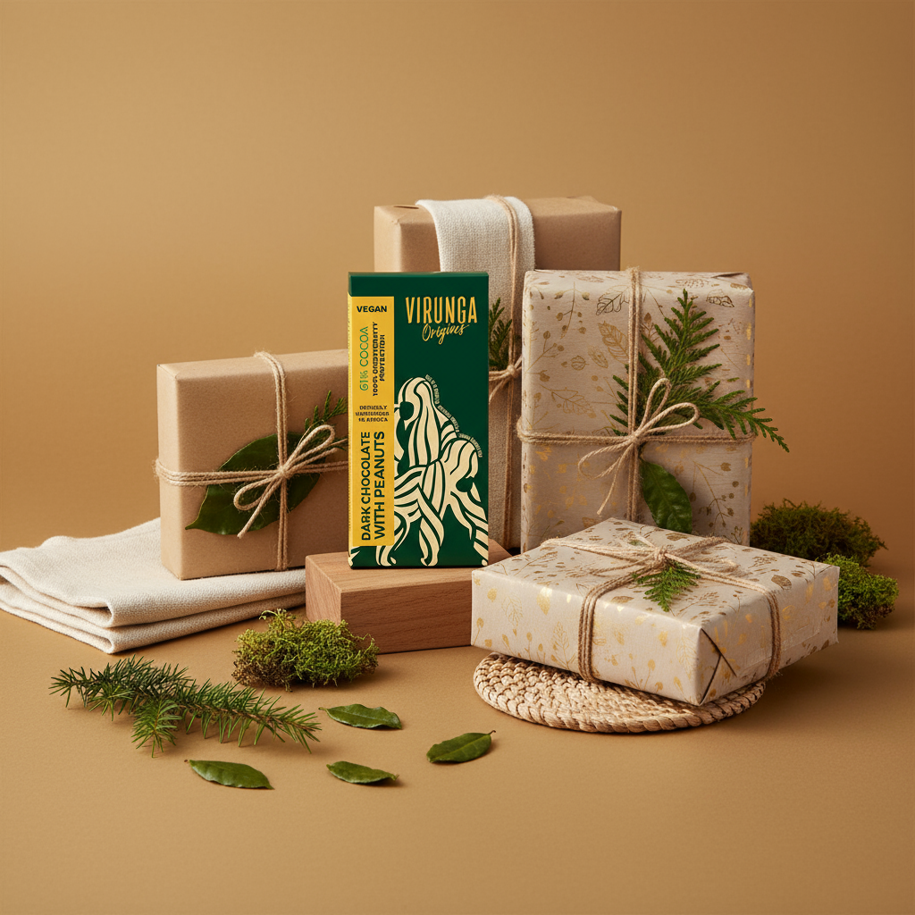 Refined gold-toned Christmas scene with Virunga dark chocolate peanuts bar